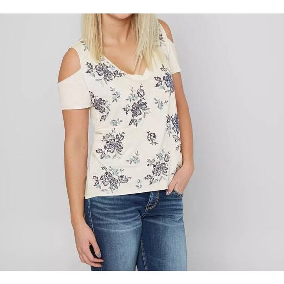 Lucky Brand Floral Embroidered Cold Shoulder Tee Shirt Top Boho Women's Medium - Picture 1 of 7